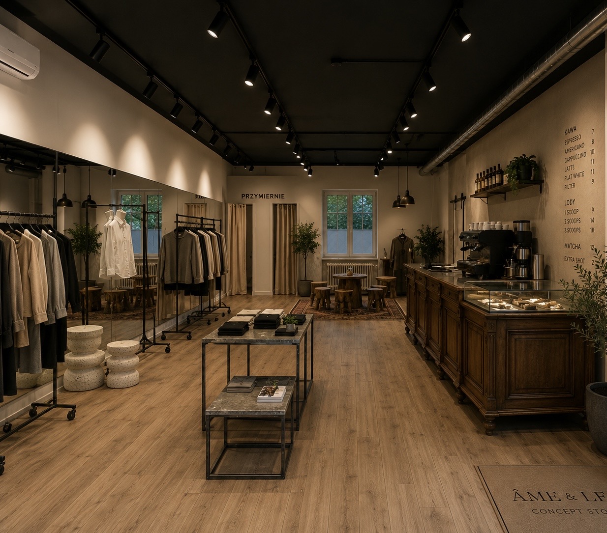 Wnętrze ÂME & LEO — showroom z drewnianą podłogą i lustrami
